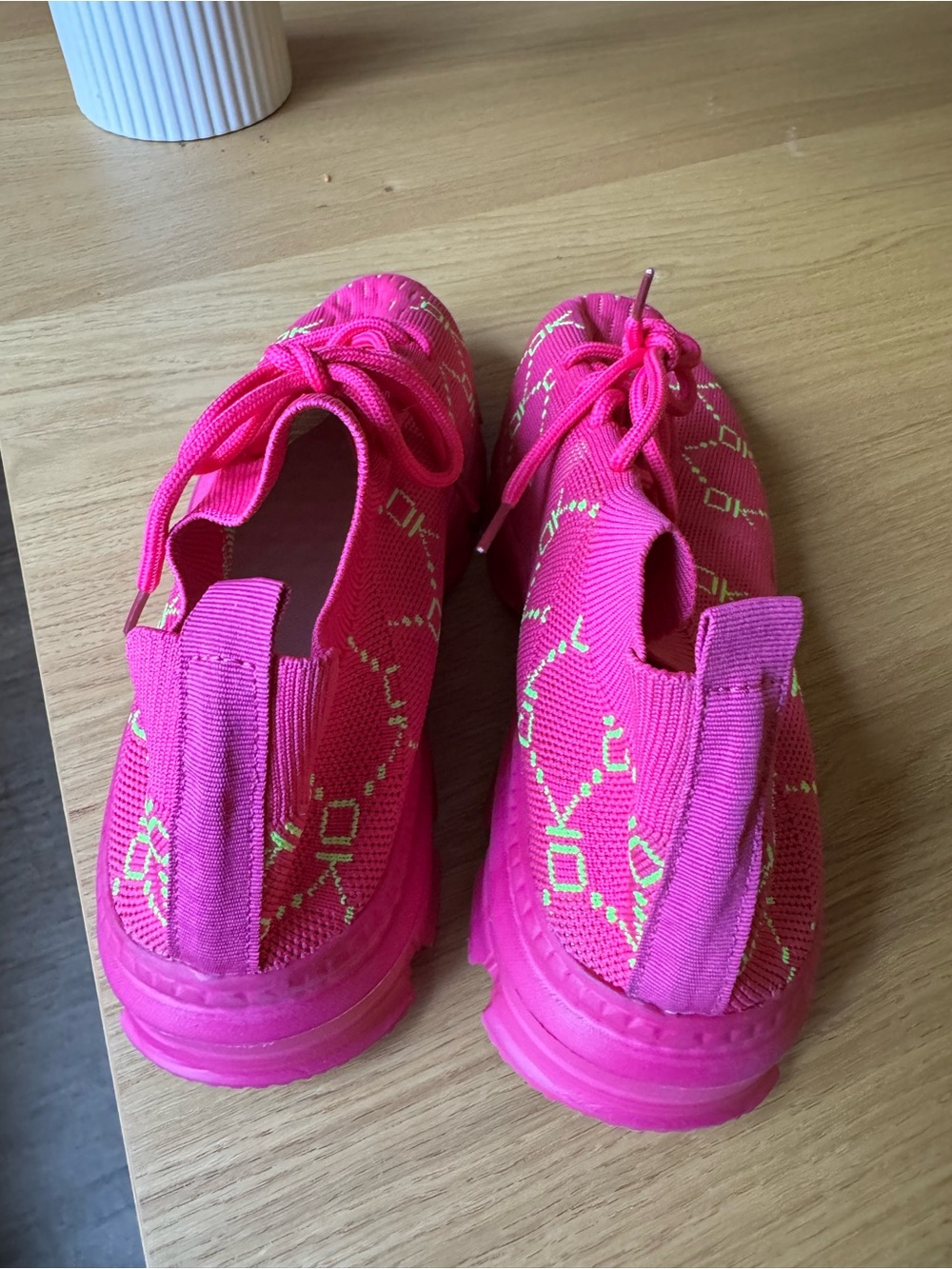 Hot Pink Chunky Knit Sneakers Neon Green Detail Y2K Style - Picture 5 of 6